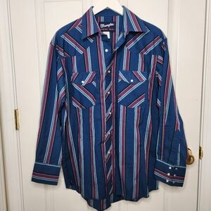 Mens Vintage Wrangler Western Pearl Snap X-Long Tails Blue Maroon Shirt